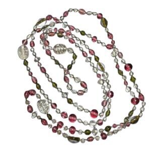 Vintage Pink and Green Glass Beaded Extra Long Necklace, 58" long